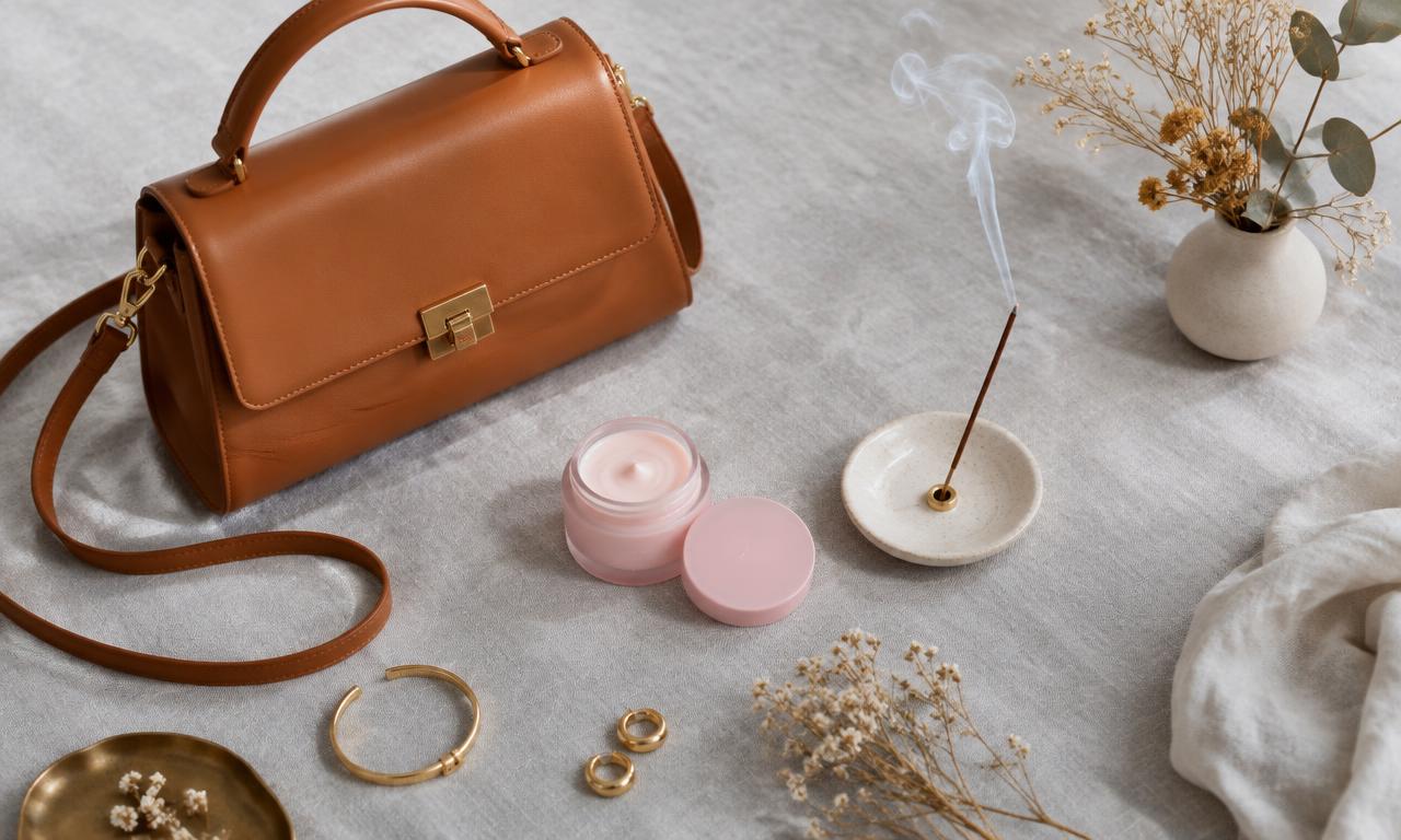 Bolsa, cosmético e incenso